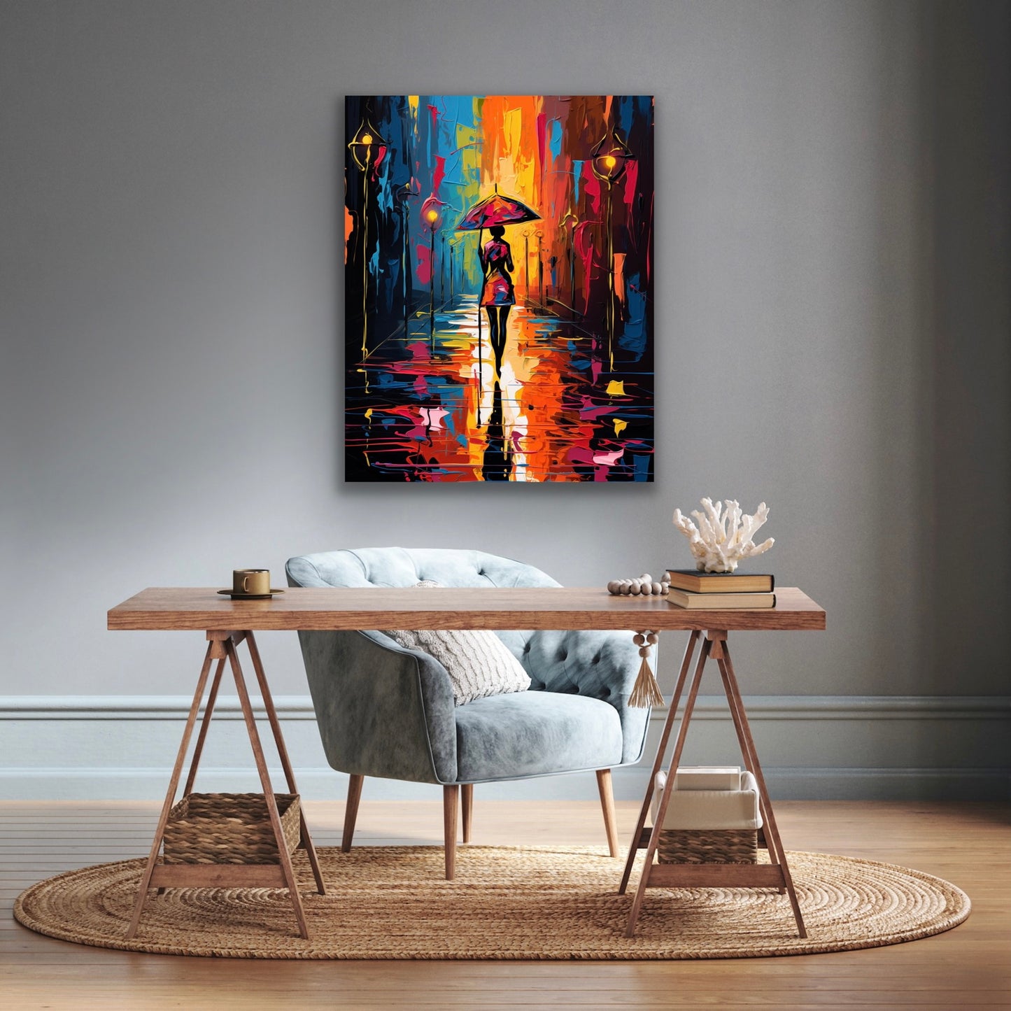 Walking In the Rain | Stretched Canvas Print Wall Art | Black Art | African American Art