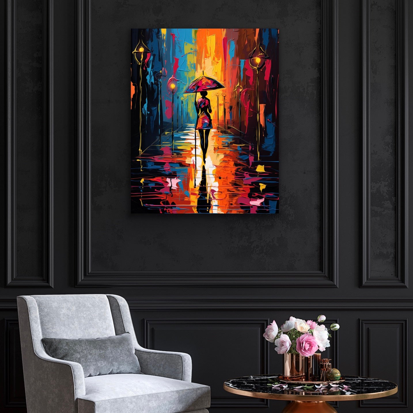 Walking In the Rain | Stretched Canvas Print Wall Art | Black Art | African American Art