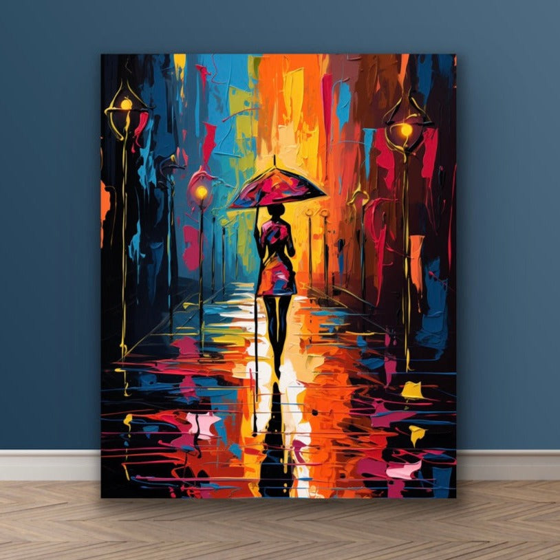 Walking In the Rain | Stretched Canvas Print Wall Art | Black Art | African American Art