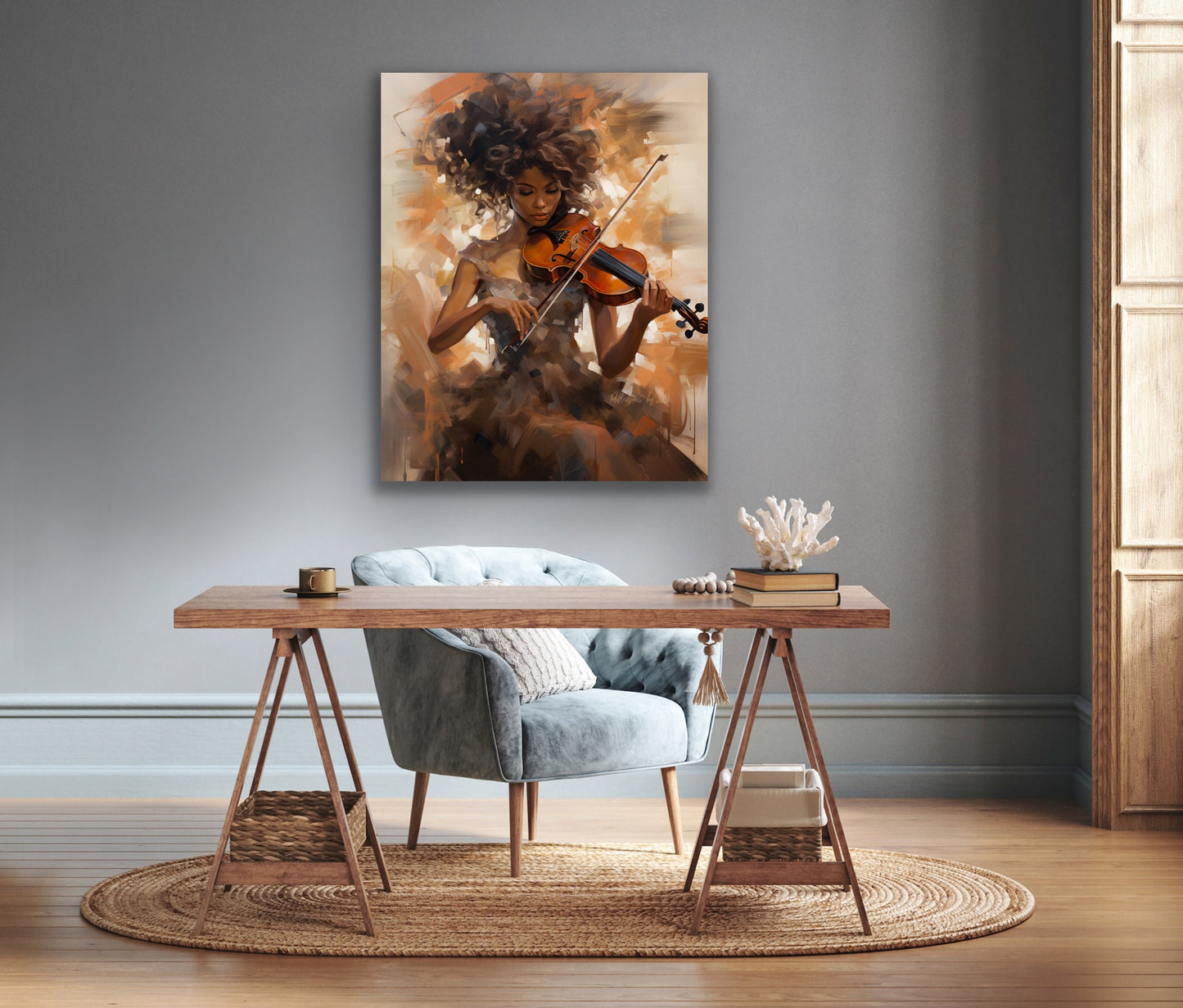 A Lady & Her Violin | Stretched Canvas Print Wall Art | Black Art | African American Art