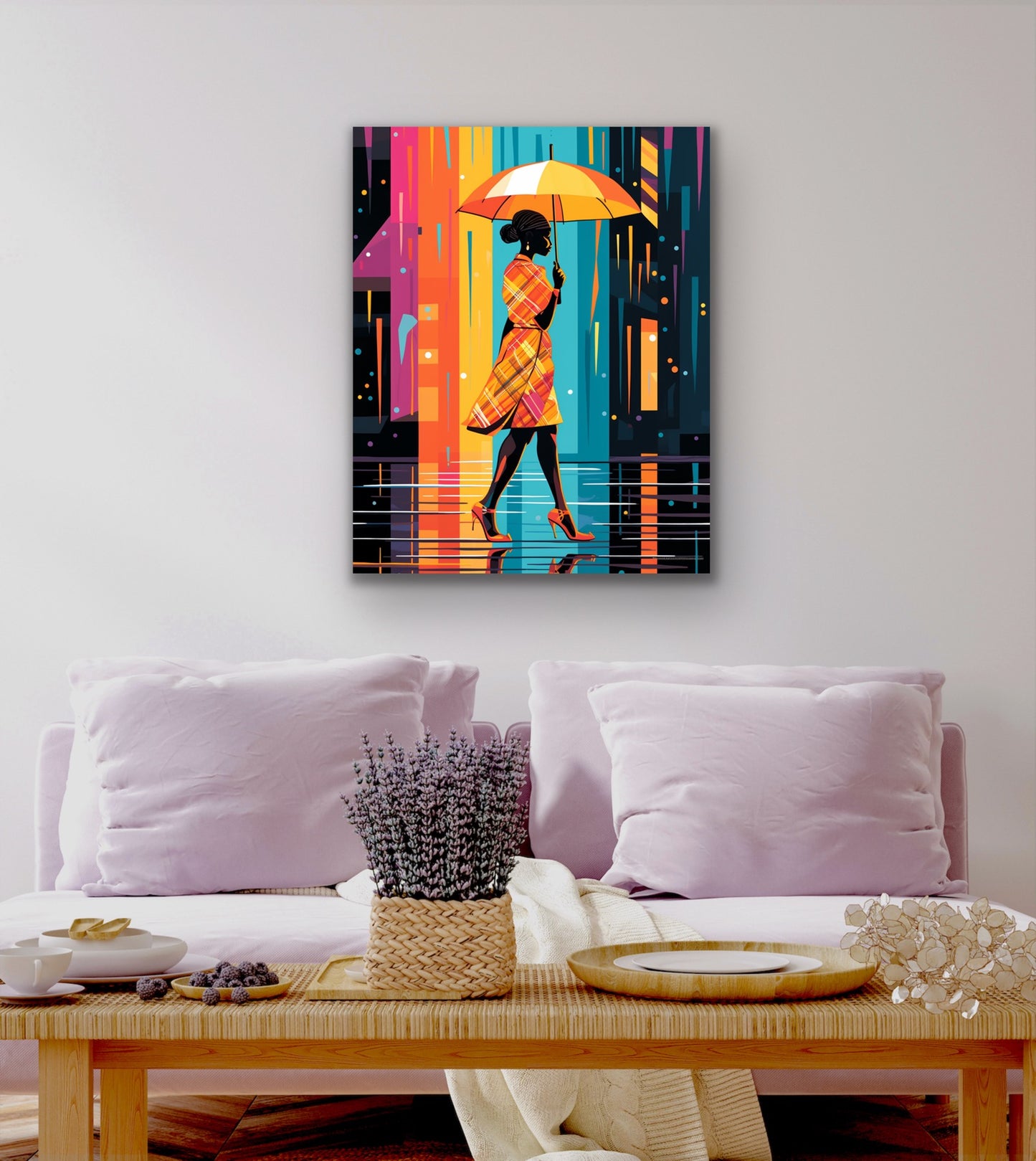 Lady with the Coral Umbrella | Stretched Canvas Print Wall Art | Black Art | African American Art