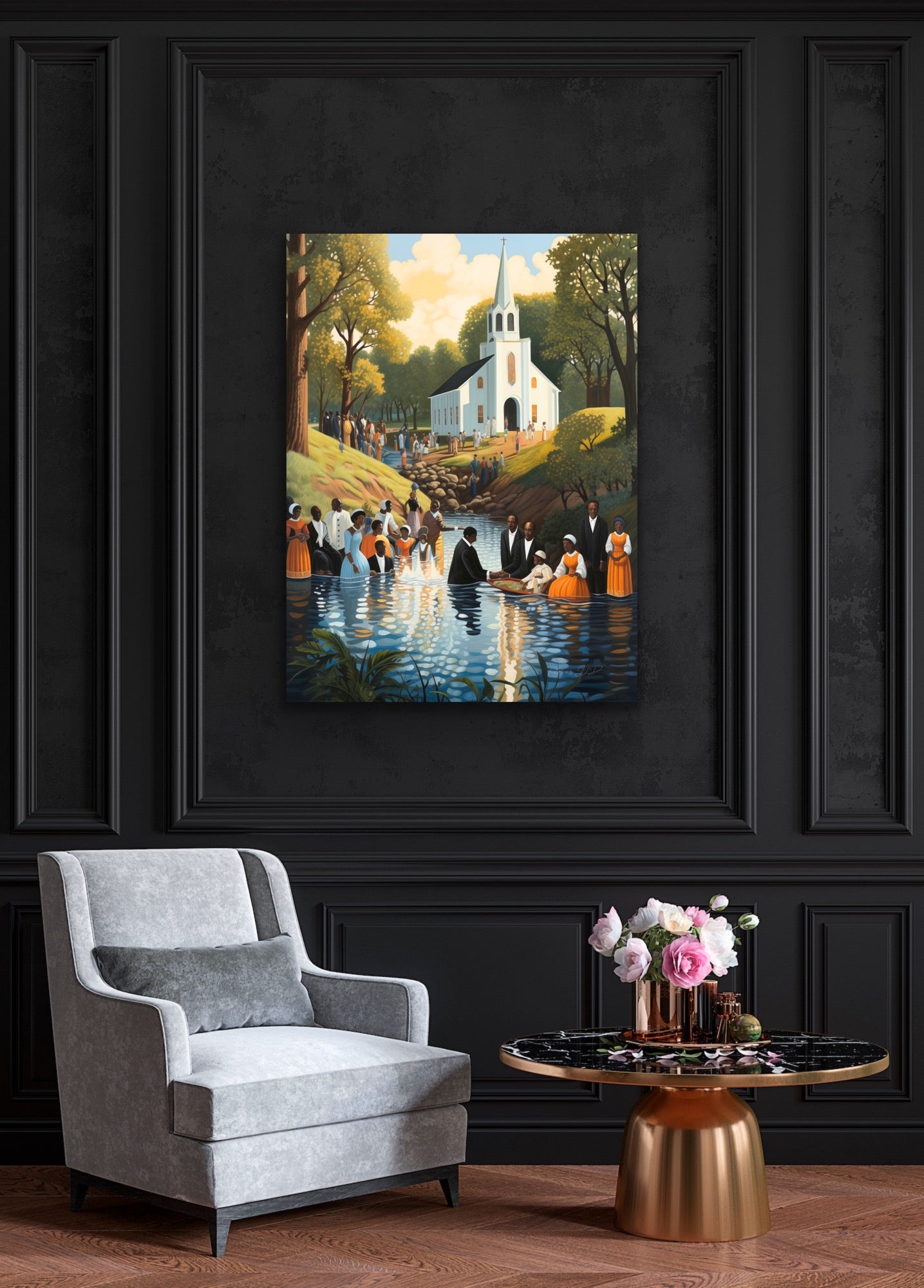 Down To The Water | Stretched Canvas Print Wall Art | Black Art | African American Art | Black Church Art