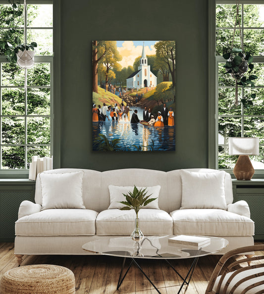 Down To The Water | Stretched Canvas Print Wall Art | Black Art | African American Art | Black Church Art