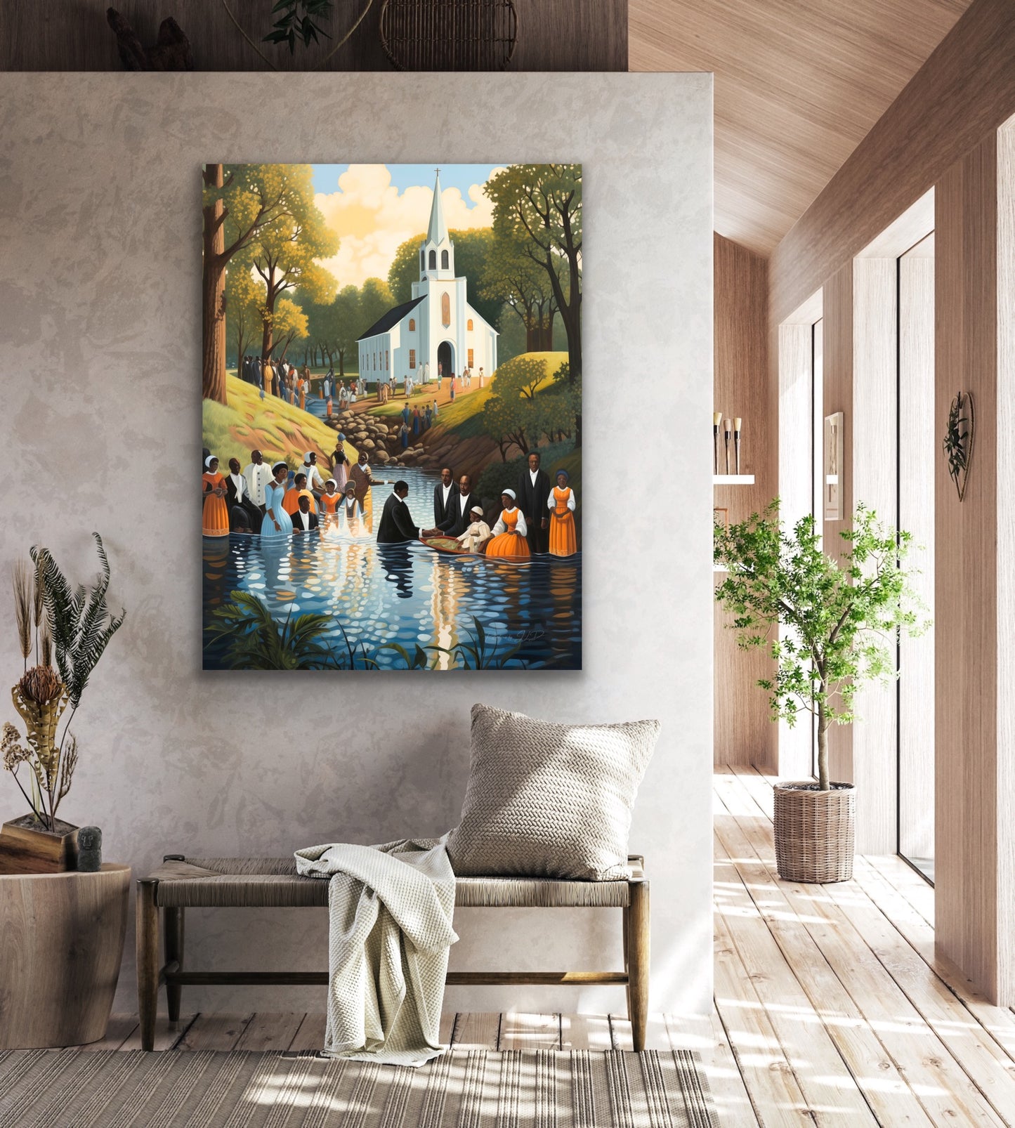 Down To The Water | Stretched Canvas Print Wall Art | Black Art | African American Art | Black Church Art