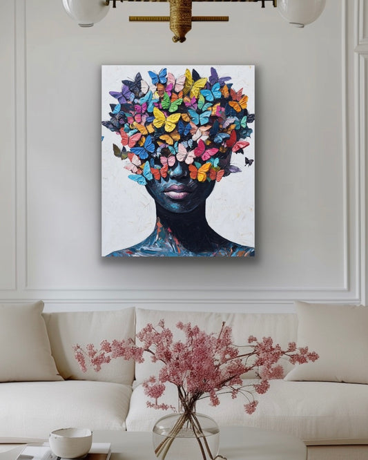 Face of Butterflies | Stretched Canvas Print Wall Art | Black Art | African American Art | Black Woman