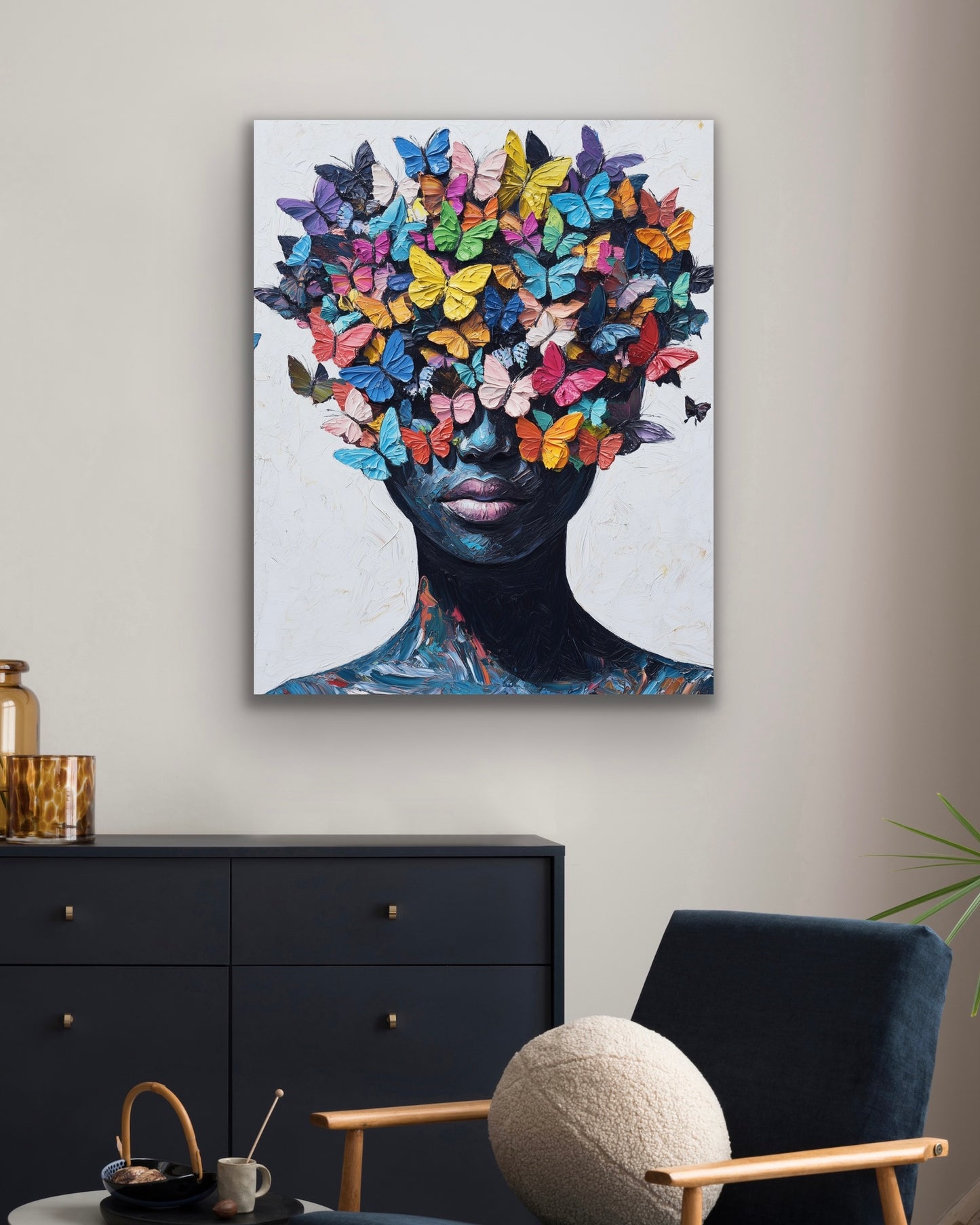 Face of Butterflies | Stretched Canvas Print Wall Art | Black Art | African American Art | Black Woman