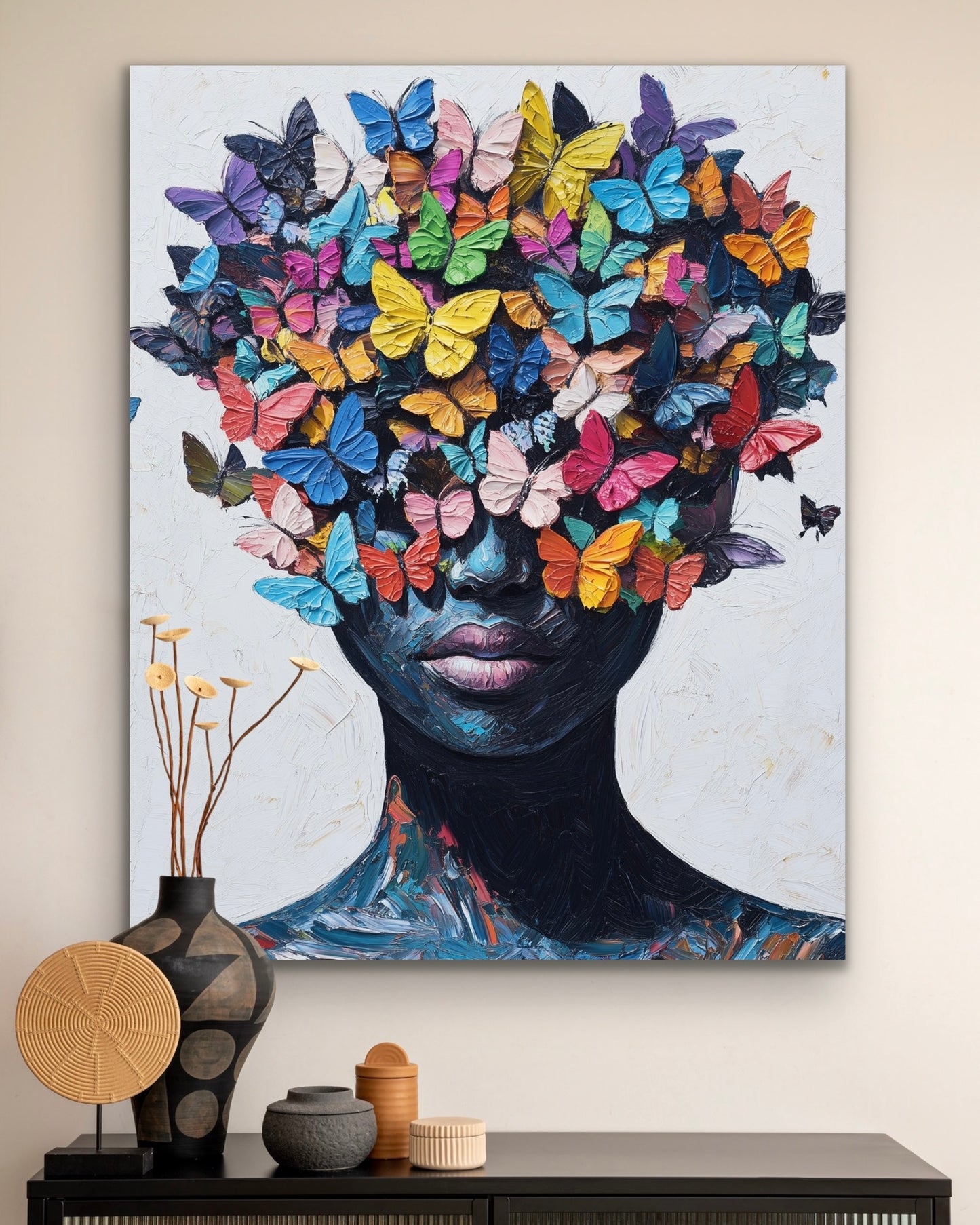 Face of Butterflies | Stretched Canvas Print Wall Art | Black Art | African American Art | Black Woman