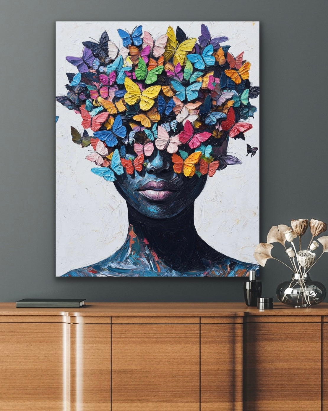 Face of Butterflies | Stretched Canvas Print Wall Art | Black Art | African American Art | Black Woman
