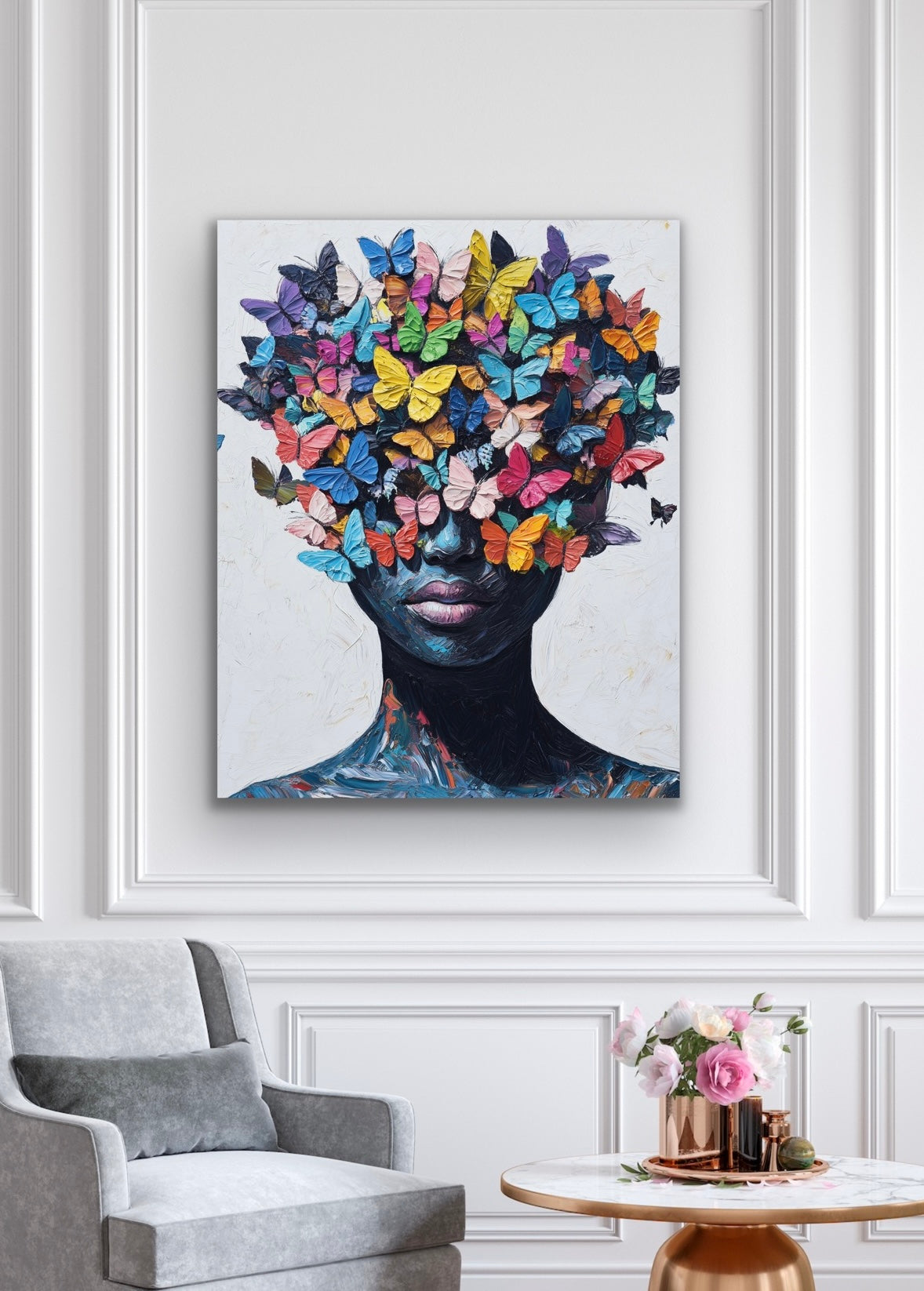 Face of Butterflies | Stretched Canvas Print Wall Art | Black Art | African American Art | Black Woman