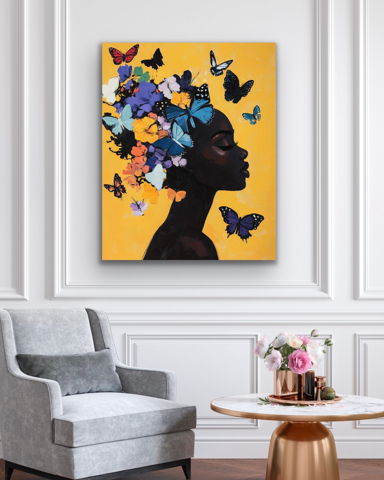 Butterfly Princess | Stretched Canvas Print Wall Art | Black Art | African American Art | Black Woman