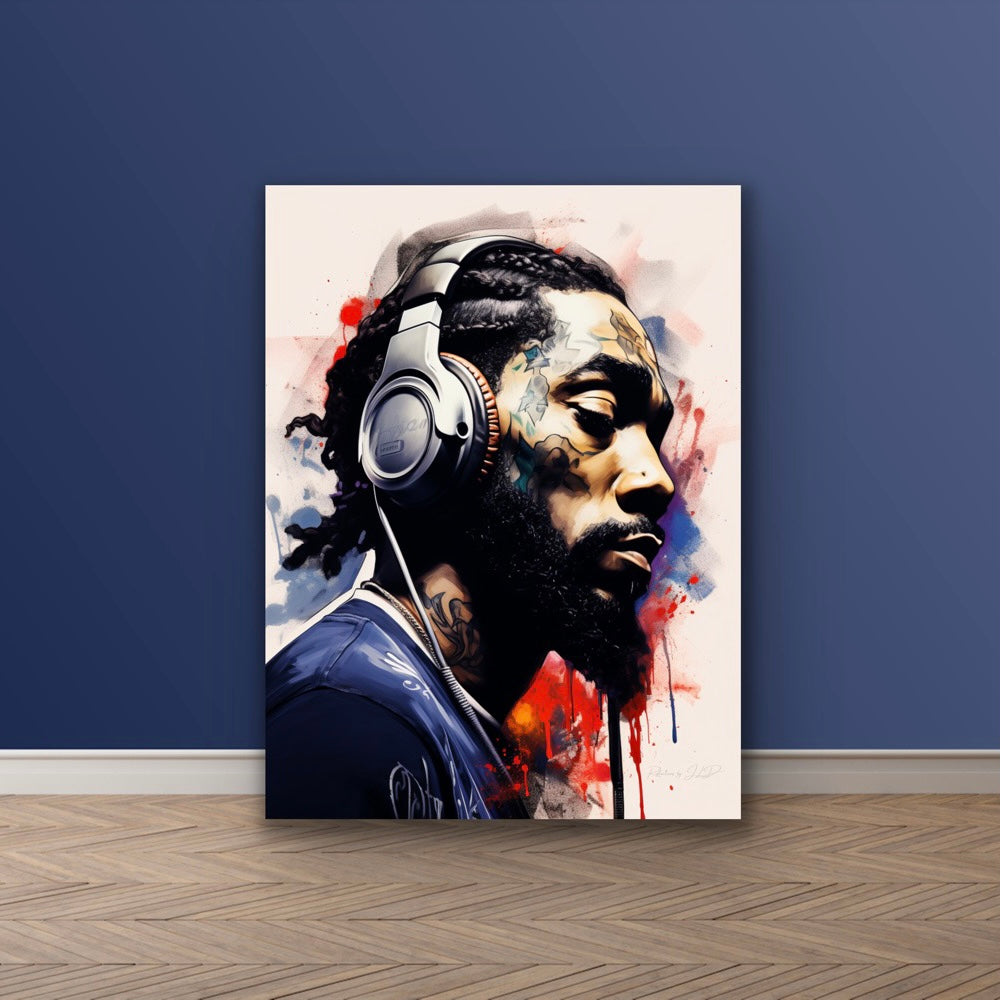 Hip-Hop Swag | Stretched Canvas Print | Poster Photo Print | Graffiti Style Wall Art Print of a Hip Hop Artist Listening To Music | African American Art