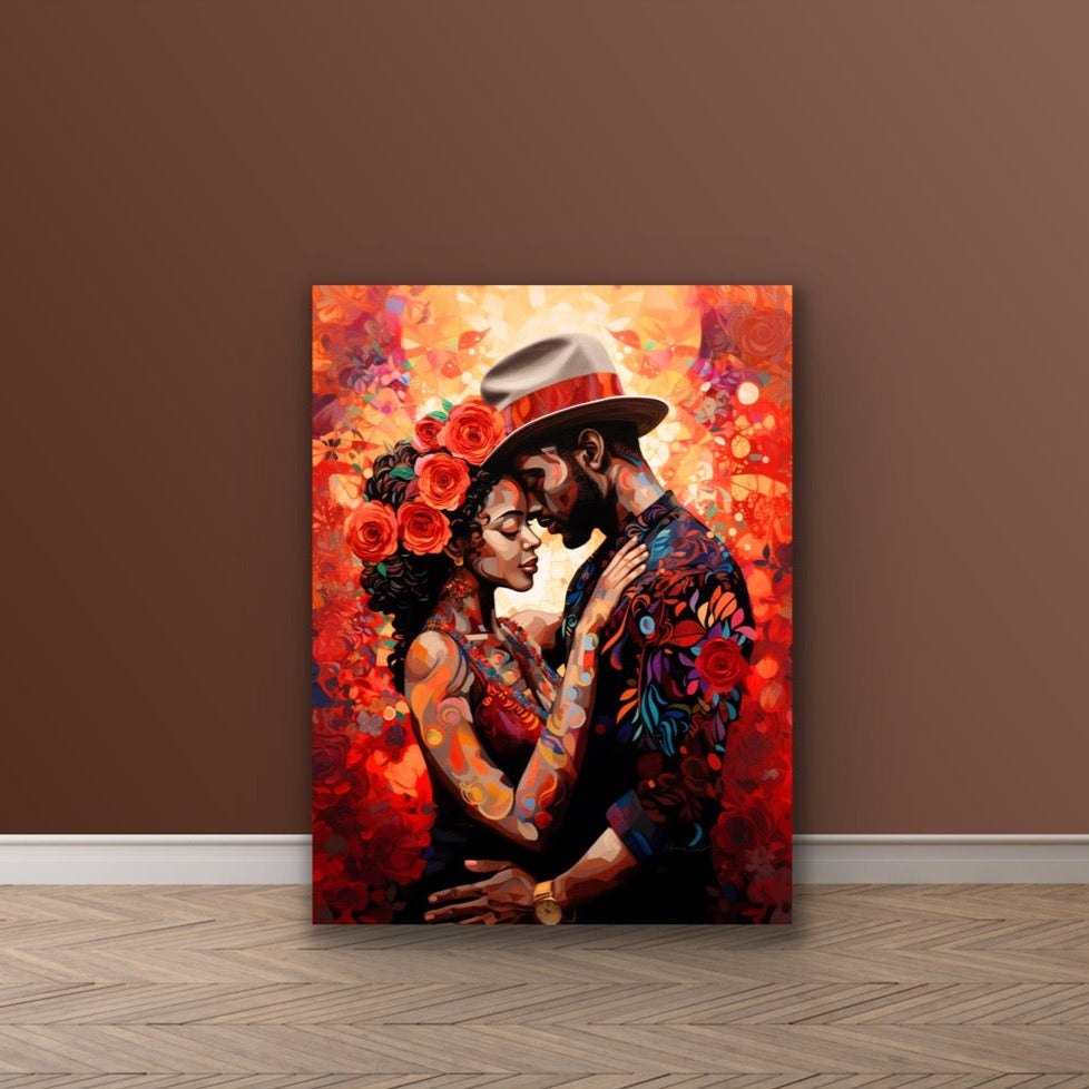 A Blooming Love | Black Love | Stretched Canvas Print Wall Art | Black Art | African American Art