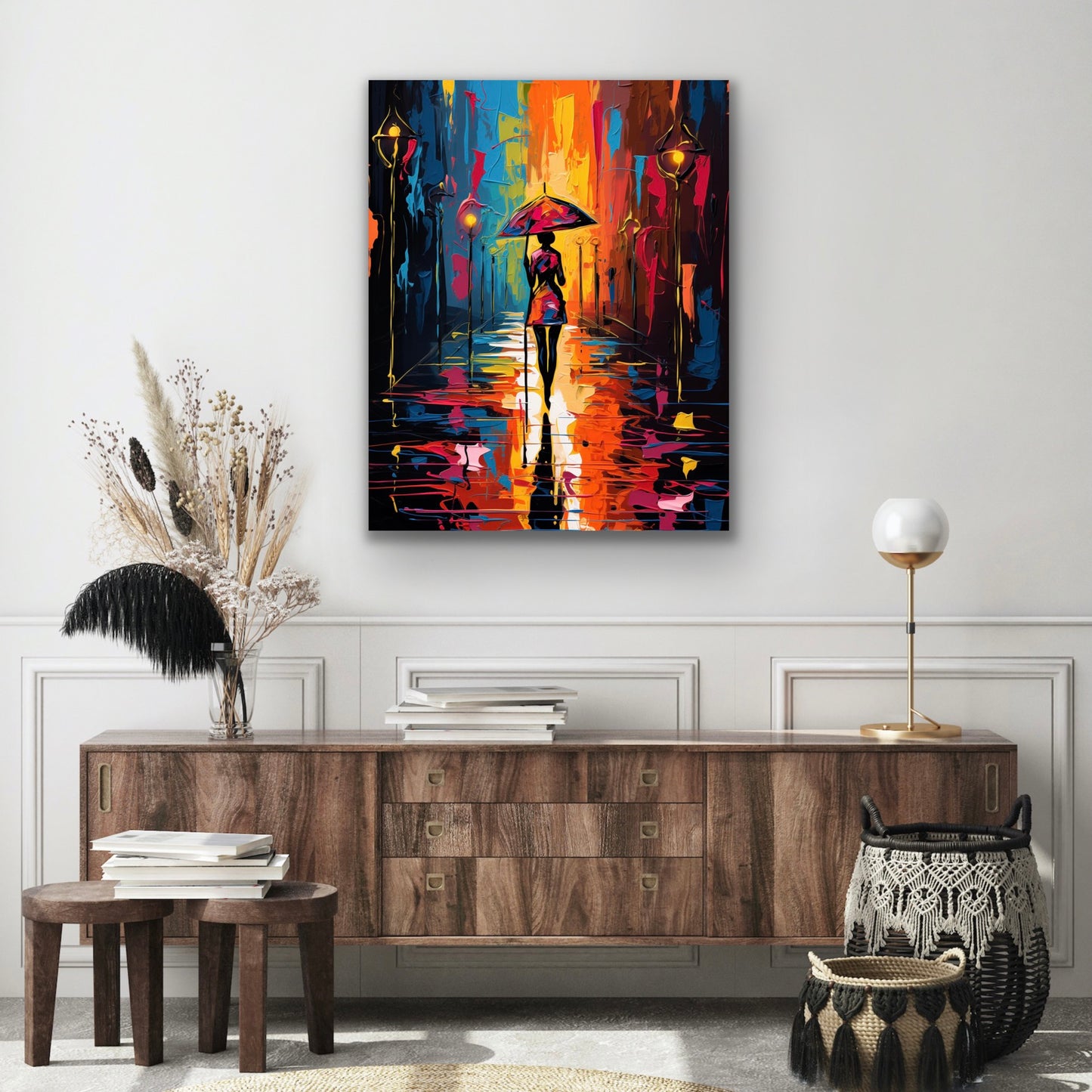Walking In the Rain | Stretched Canvas Print Wall Art | Black Art | African American Art