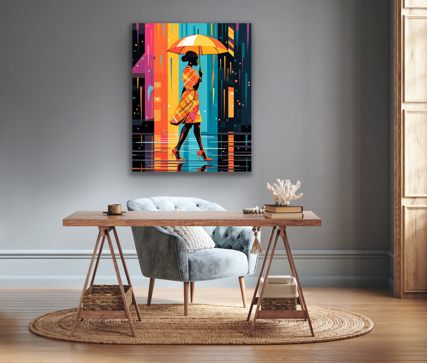 Lady with the Coral Umbrella  | Stretched Canvas Print Wall Art | Black Art | African American Art
