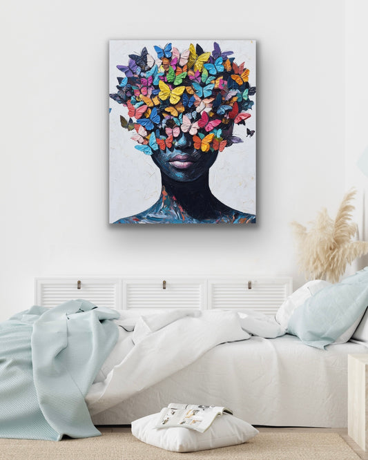 Face of Butterflies | Stretched Canvas Print Wall Art | Black Art | African American Art | Black Woman