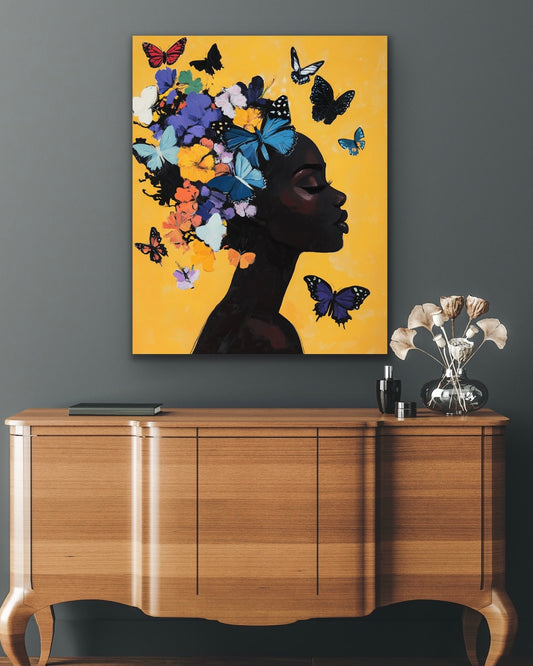 Butterfly Princess | Stretched Canvas Print Wall Art | Black Art | African American Art | Black Woman