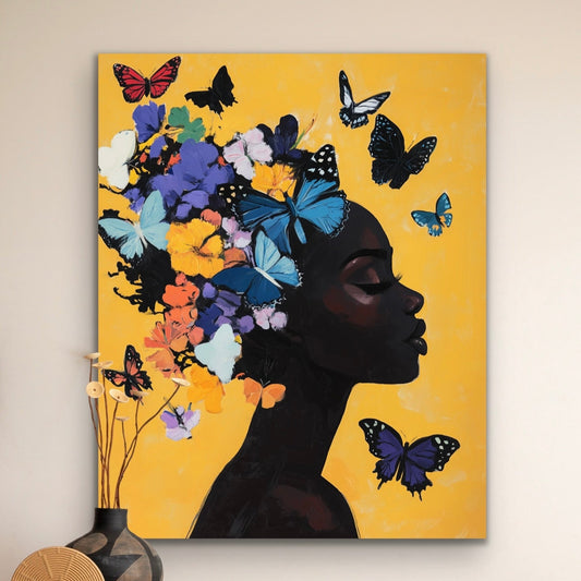 Butterfly Princess | Stretched Canvas Print Wall Art | Black Art | African American Art | Black Woman